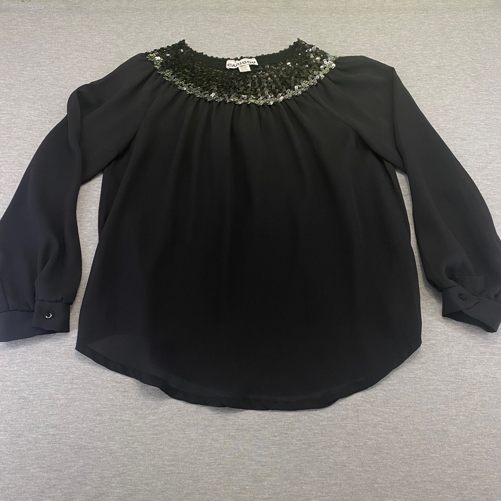 Caribou Evening Party Sequin Neck Blouse Womens 14 Black Long Sleeve Chiffon
